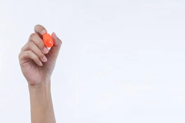 Orangefarbener Marker Der Hände Hält Isoliert Auf Weißem Hintergrund Schreiben — Stockfoto