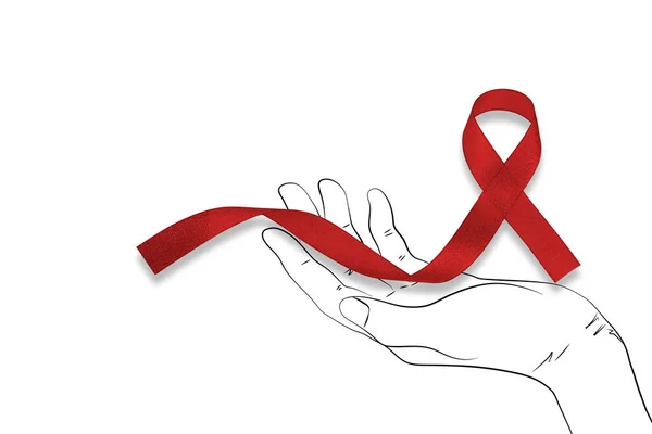Světový Den Aids Drží Ruce Červenou Stuhou Aids Awareness Icon — Stock fotografie