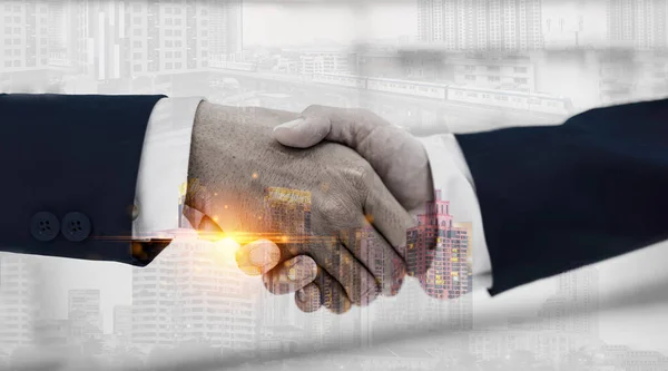 Double Exposure Business Handshake Successful Investment Deal City Night Background — Stock Photo, Image