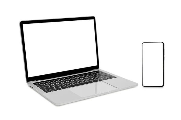현대의 장비는 반응적 디자인 프레젠테이션 템플릿 노트북을 합성하고 스마트폰을 배경에 — 스톡 사진