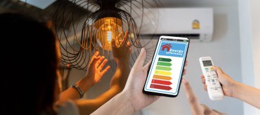 Ev aletleri enerjisi verimli. Ev aletleri ve enerji sınıfı çizelgesi. Güç tasarrufu kavramı. Kadın yeni bir ampul değiştiriyor, klimayı 25 derece açıyor ve bir evi daha verimli hale getiriyor..