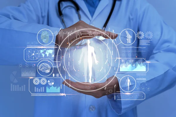 Doctor work experiences a virtual interface with human body analysis. Digital healthcare and network connectivity on a modern interface. medical technology and futuristic concept. Medical technology.