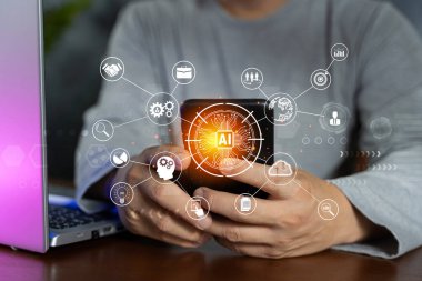 Digital transformation technology strategy, IoT, internet of things. Businessman using smart phone with AI and Digital Icons on dark background. Ai machine learning technology.