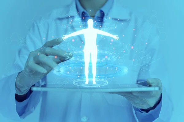 Doctor with body hologram, overlay and dna research for medical innovation on mobile touch screen app for print about anatomy education or medical concept. Electronic medical record.