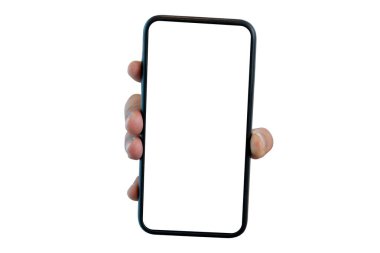 Beyazda izole edilmiş siyah bir akıllı telefonu tutan bir adam. Mobil aygıtlar, akıllı telefonlar ve dokunmatik ekranlar.