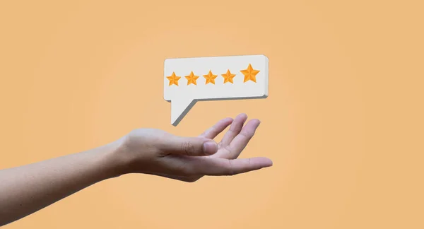 Golden positive customer experience illustration isolated on orange background. Online feedback concept holding hands five stars. Best business service rating customer experience concept.