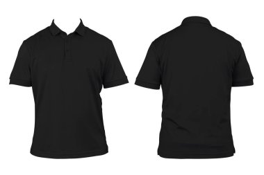 Boş gömlek yaka şablonu, ön ve arka görüş, izole siyah, düz tişört. Modelleme. Basılabilir polo gömlek tasarımı sunumu, kırpma yolu. Tasarım için boş kıyafet.