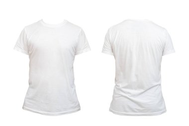 Erkekler için boş beyaz tişört şablonu, iki taraftan, görünmez manken üzerinde doğal şekiller, beyaz arkaplanda izole edilmiş yazıcı tasarımı için. Kesme yolu