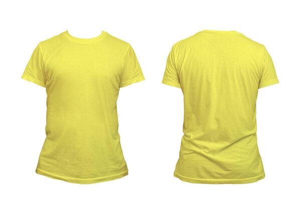 Чистая желтая футболка с макетом, изолированный вид спереди. Модель пустой футболки макет. Чистое полотно для футбола или шаблон одежды стиля. путь вырезания
