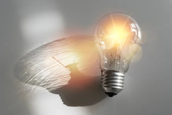 Small fluorescent light bulb. Innovation. Inspiration. Modern fluorescent light bulb on a gray background creates a reflection.