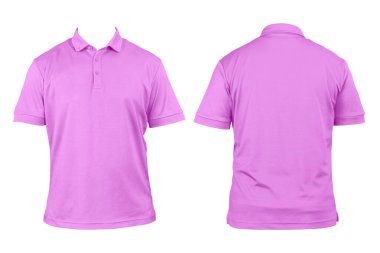 Tasarım için boş kıyafetler. Pembe polo tişört, izole edilmiş beyaz arka plan, ön ve arka görüş, izole edilmiş beyaz tişört. Modelleme. Yazdırılabilir polo gömlek tasarımı sunumu, kırpma yolu.