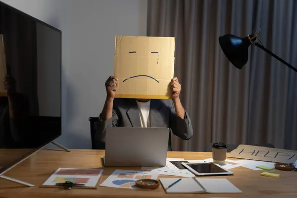 Portrait Businessman Covering His Face Paper Mask Sad Face Drawn — Stock Photo, Image
