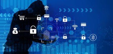 Siber güvenlik savunmasızlığı Log4J ve hacker, kodlama, kötü amaçlı yazılım konsepti. Sunucu odası arka planında siber güvenlik kırılganlığı Log4J 'deki kapüşonlu bilgisayar korsanı. Metaverse dijital dünya teknolojisi.