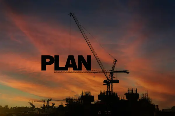 Construction Site Word Plan Written Crane Crane Large Powerful Machine — Stock Photo, Image