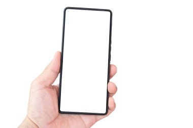 Modern akıllı telefon modeliyle kadın eli yakın çekim. Yeni, siyah çerçevesiz, beyaz ekranlı akıllı telefon modeli. Beyaz arka planda izole edilmiş yüksek kaliteli stüdyo çekimi Modern akıllı.