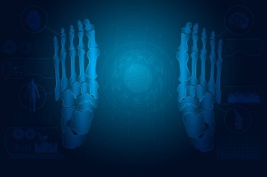 Her iki ayağının da röntgen fotoğrafı. Üzerinde bir ayak olan mavi bir arka plan. Ayak mavi bir hatla ayrıntılı olarak gösterilir..