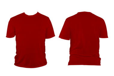 Yuvarlak boyunlu, yakasız ve kolsuz kırmızı tişört..