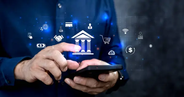 Smartphone Uso Humano Con Tecnología Digital Banca Línea Banca Móvil Imagen de stock