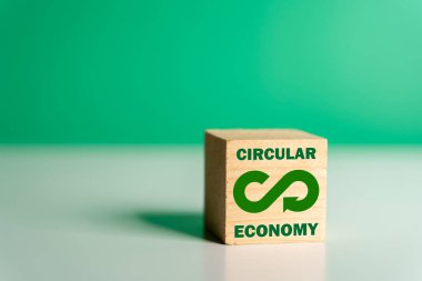 Dairesel ekonomi konsepti. Yeşil arka planı olan tahta blokla el ele tutuşmak. Sonsuzluk, sonsuz ve sınırsız iş büyümesi. Çevresel sürdürülebilirlik ve kirliliği azaltma.