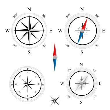 Pusula seti simgeleri, seyrüsefer ekipmanı işareti, düz deniz haritası rüzgar gülü ikonu, kuzey, doğu, güney, batı, pusula sembolü koleksiyonu.