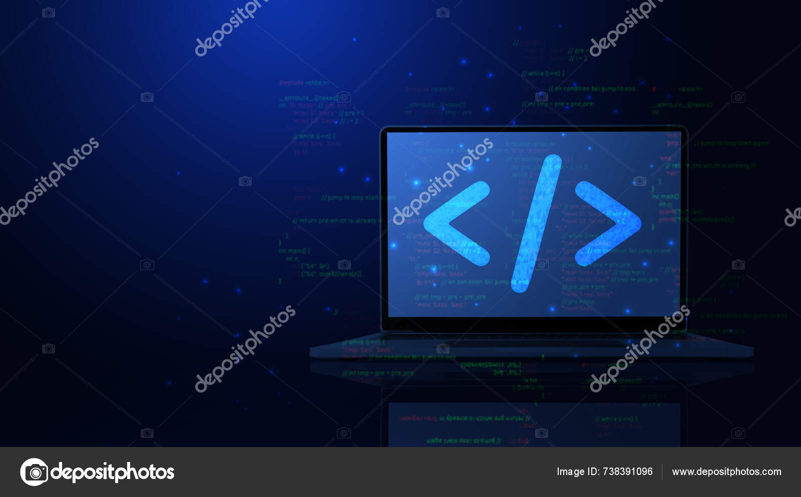 Abstract programming code icon laptop screen light blue low poly