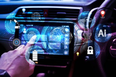 Şehir yolunda grafik sensör radar sinyali sistemi akıllı otomobil sistemli HUD otonom araç görüntüleme özelliğini kullanan modern akıllı araba teknolojisi akıllı sistemi.