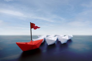 Başarı liderlik konsepti, Origami kırmızı kağıt teknesi sarmal mavi nehirde beyaz kağıt teknelerin önünde yüzüyor, kağıt sanat tasarım afişi arka planda. İş rekabeti