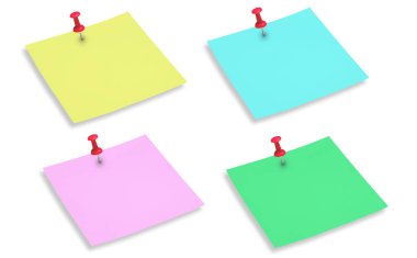 Kağıt parçası izole edilmiş. Beyaz bir arkaplana karşı çeşitli canlı renklerde yapışkan notlar. Boş not, kırmızı iğne.