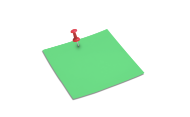 Kağıt parçası izole edilmiş. Raptiyeli boş yeşil yapışkan not. Boş not, kırmızı iğne.
