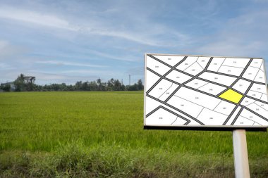 Hayali Şehir Planı konsepti. Bölgelendirme bölgeleri, şehir merkezleri, arazi kullanımı, inşa edilebilir alanlar ve kırsal bir bölgede bir tabela direğine karşı arazi arazisi düzenlemeleri. Arazi yönetimi, gayrimenkul