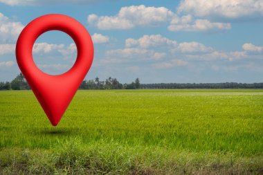 Yeryüzündeki konum iğnesi ikonu ve emlak satışı veya emlak yatırım konseptindeki yeşil çimlerle satılık arazi, aile için yeni bir ev almak - 3 boyutlu büyük reklam tabelası. Arazi yönetimi.