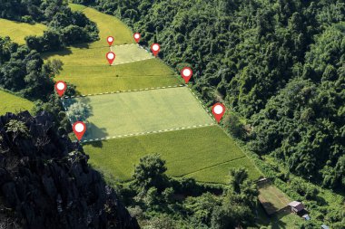 Kırsal alanda tropikal orman ve dağlarla çevrili noktalı sınır çizgileri ve kırmızı lokal iğnelerle bölünmüş yeşil pirinç tarlalarının havadan çekilmiş fotoğrafı, tarımsal planlama için uygun..