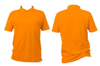 Turuncu polo gömleğin önü ve arkası beyaz arka planda sergileniyor. Moda tasarım şablonu, ürün modelleme, markalaşma ve e-ticaret giyim vitrini için mükemmel. Kesme yolu.
