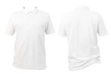 Beyaz polo gömleğin önü ve arkası temiz beyaz arka planda sergileniyor. Kıyafet modeli, giysi tasarımı sunumu, moda ürünleri listesi, markalaşma, kırpma yolu için mükemmel..
