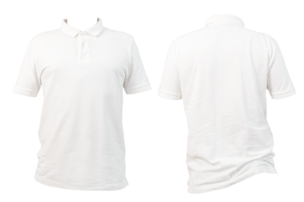 Beyaz polo gömleğin önü ve arkası temiz beyaz arka planda sergileniyor. Kıyafet modeli, giysi tasarımı sunumu, moda ürünleri listesi, markalaşma, kırpma yolu için mükemmel..