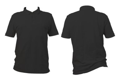 Beyaz arka planda siyah polo tişört. Moda modeli, giysi şablonu, markalaşma sunumu, ürün sergisi ve baskı için kıyafet tasarımı için mükemmel. Kesme yolu.