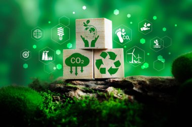 Çevre dostu ahşap bloklar geri dönüşüm sembolü, CO2 emisyon ikonu ve Dünya 'yı çevreleyen, sürdürülebilirliği, karbon azaltımını ve temiz enerjiyi temsil eden, yeşil çevre ikonlarıyla çevrili eller.