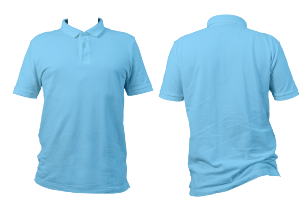 Ön ve arka açılardan beyaz arkaplanda görünen düz mavi polo gömlek. Giysi tasarımı modelleri, marka şablonları, moda katalogları ve ticaret sunumu için ideal, kırpma yolu.