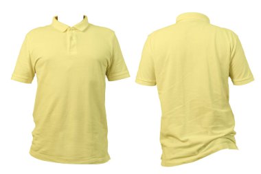 Beyaz arka planda, önden ve arkadan görülen sarı polo tişört. Pamuk kumaştan yapılmış kısa kollu bir gömlek. Moda, giysi modeli, üniforma ya da e-ticaret için ideal. Kesme yolu.