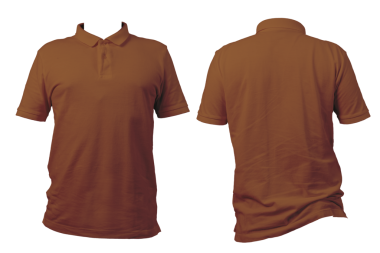 Düz kahverengi polo gömleğin önü ve arkası beyaz arka planda izole edilmiş, kıyafet modeli, moda kataloğu, markalaşma, giysi şablonu ve grafik tasarım sunumu için mükemmel. Kesme yolu.
