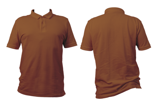 Düz kahverengi polo gömleğin önü ve arkası beyaz arka planda izole edilmiş, kıyafet modeli, moda kataloğu, markalaşma, giysi şablonu ve grafik tasarım sunumu için mükemmel. Kesme yolu.