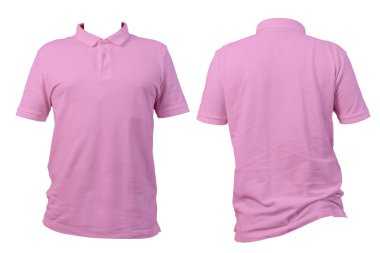 Beyaz arkaplanda pembe polo gömlekli, kısa kollu, önden ve arkadan görünüşlü. Giysi modeli, moda tasarımı, şablon, çevrimiçi mağaza veya giyim katalogu sunumu ve e-ticaret için ideal. Kesme yolu.