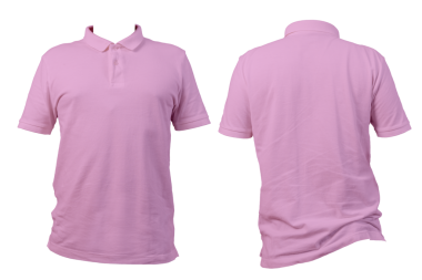 Beyaz arkaplanda pembe polo gömlekli, kısa kollu, önden ve arkadan görünüşlü. Giysi modeli, moda tasarımı, şablon, çevrimiçi mağaza veya giyim katalogu sunumu ve e-ticaret için ideal. Kesme yolu.