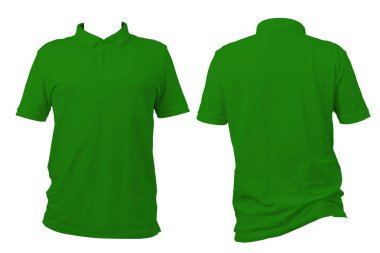 Beyaz arkaplanda yeşil polo gömlek ve arka manzara izole. Giysi modeli, üniforma tasarımı, moda kataloğu, giyim markası ve ürün sunumu için boş bir şablon. Kesme yolu.