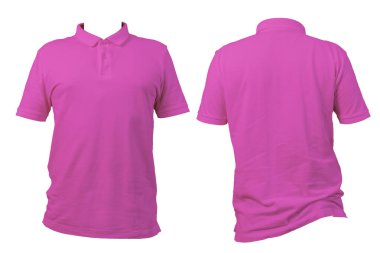 Parlak pembe polo tişörtü beyaz arka planda önde ve arkada görünüyor. Tasmalı ve düğmeli klasik kısa kollu tasarım. Moda, giyim, ürün sergisi ve e-ticaret kavramı. Kesme yolu.