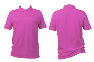 Parlak pembe polo tişörtü beyaz arka planda önde ve arkada görünüyor. Tasmalı ve düğmeli klasik kısa kollu tasarım. Moda, giyim, ürün sergisi ve e-ticaret kavramı. Kesme yolu.