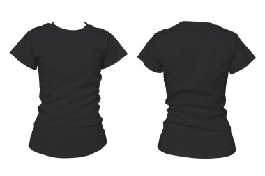 Beyaz arkaplanda siyah sade kısa kollu tişört ve arka plan. Moda ya da baskı tasarım sunumu için günlük boş giysi modeli. İzole edilmiş ve kırışık dokusu dahil. Kesme yolu.