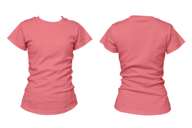 Pembe, boş, kısa kollu kadın tişörtü. Önde ve arkada beyaz arka planda izole edilmiş. Moda tasarımı, markalaşma, online mağaza, reklam ve sunum için mükemmel. Kesme yolu.