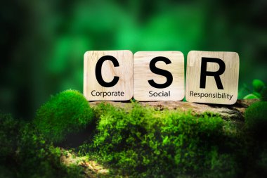 Ahşap blok harfleri, yeşil doğa geçmişi, çevre ticaretini, sürdürülebilirliği, etiği, modern sorumlu şirketlerde çevresel bakımı sembolize eden kurumsal sosyal sorumluluk anlamına gelen CSR anlamına geliyor..