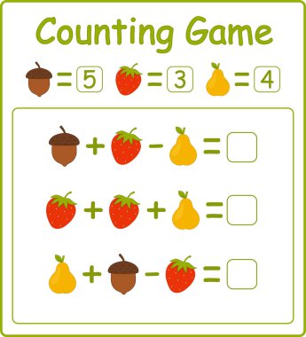 Eğitici Çocuklar oyunu. Matematik eğitimi. Toplama ve çıkarma. Anaokulu ve okul çocukları için çalışma listesi. Sayıları hesapla ve yaz. - Evet. İzole vektör illüstrasyonu.